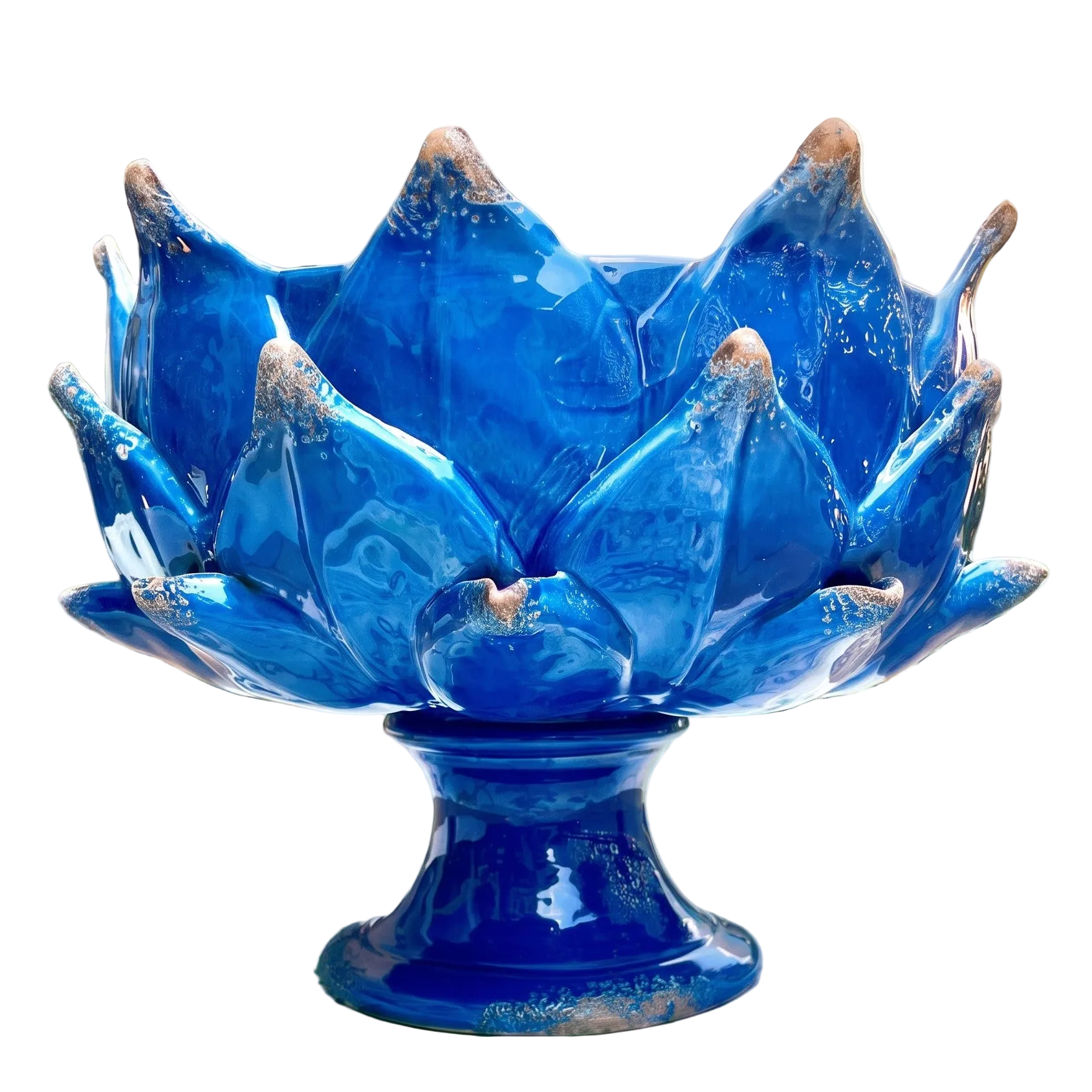 Italian Handcrafted Majolica Artichoke Pedestal Bowl in Mediterranean Blue