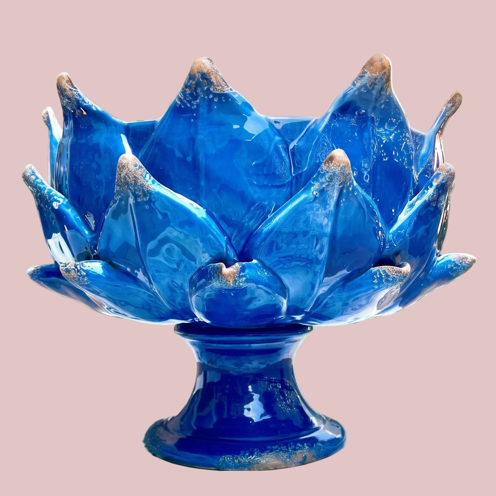 Italian Handcrafted Majolica Artichoke Pedestal Bowl in Mediterranean Blue