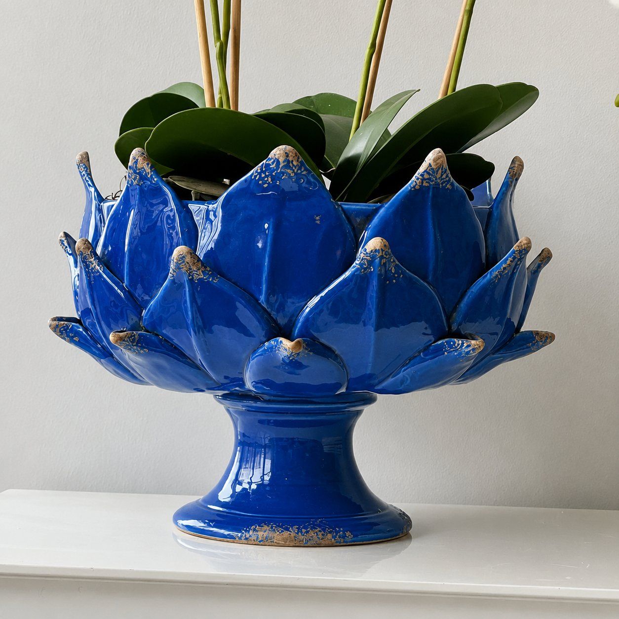 Italian Handcrafted Majolica Artichoke Pedestal Bowl in Mediterranean Blue