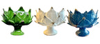 Three ceramic artichoke-shaped bowls in green, white, and blue on a white background.