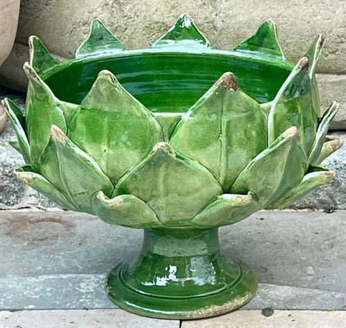 Italian Handcrafted Majolica Artichoke Pedestal Bowl in Emerald Green