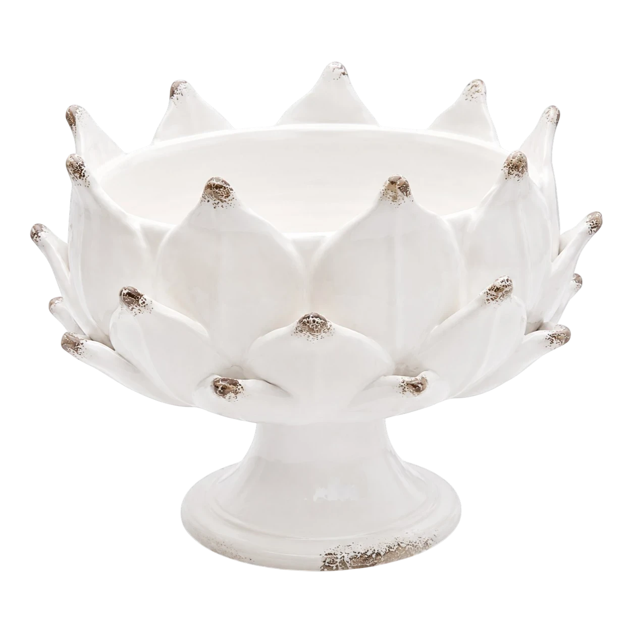 Heirbloom Studio off-white ceramic pedestal bowl with an artichoke petal design and rustic distressed edges.