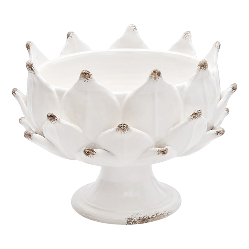 Heirbloom Studio off-white ceramic pedestal bowl with an artichoke petal design and rustic distressed edges.
