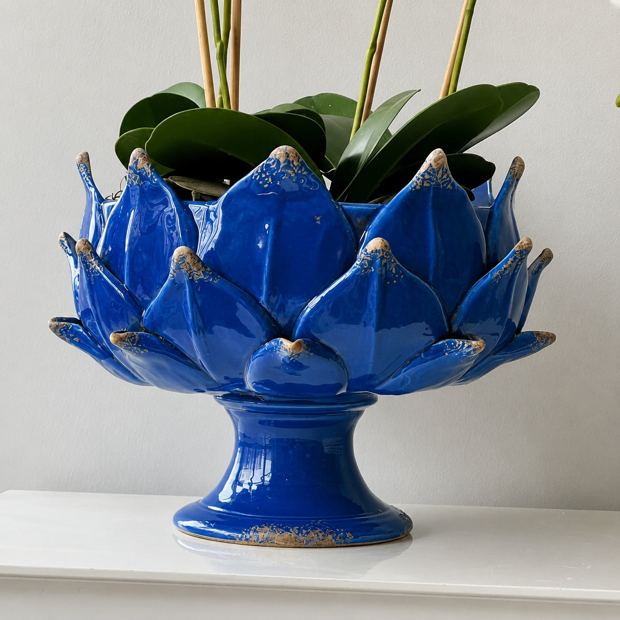 Italian Handcrafted Majolica Artichoke Pedestal Bowl in Mediterranean Blue
